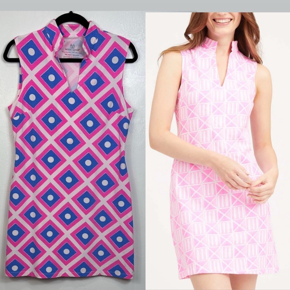 MAHI Gold Sleeveless Pink And Blue Diamond Mini Tunic Dress Size M - Picture 1 of 7